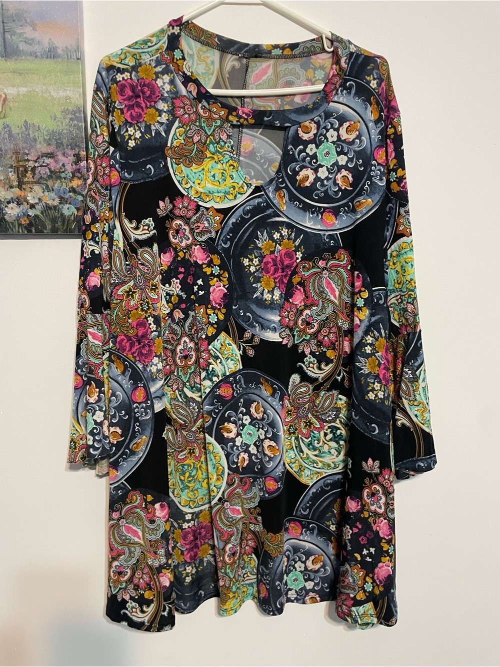 Black Multi-Pattern Long-Sleeve Tunic Top